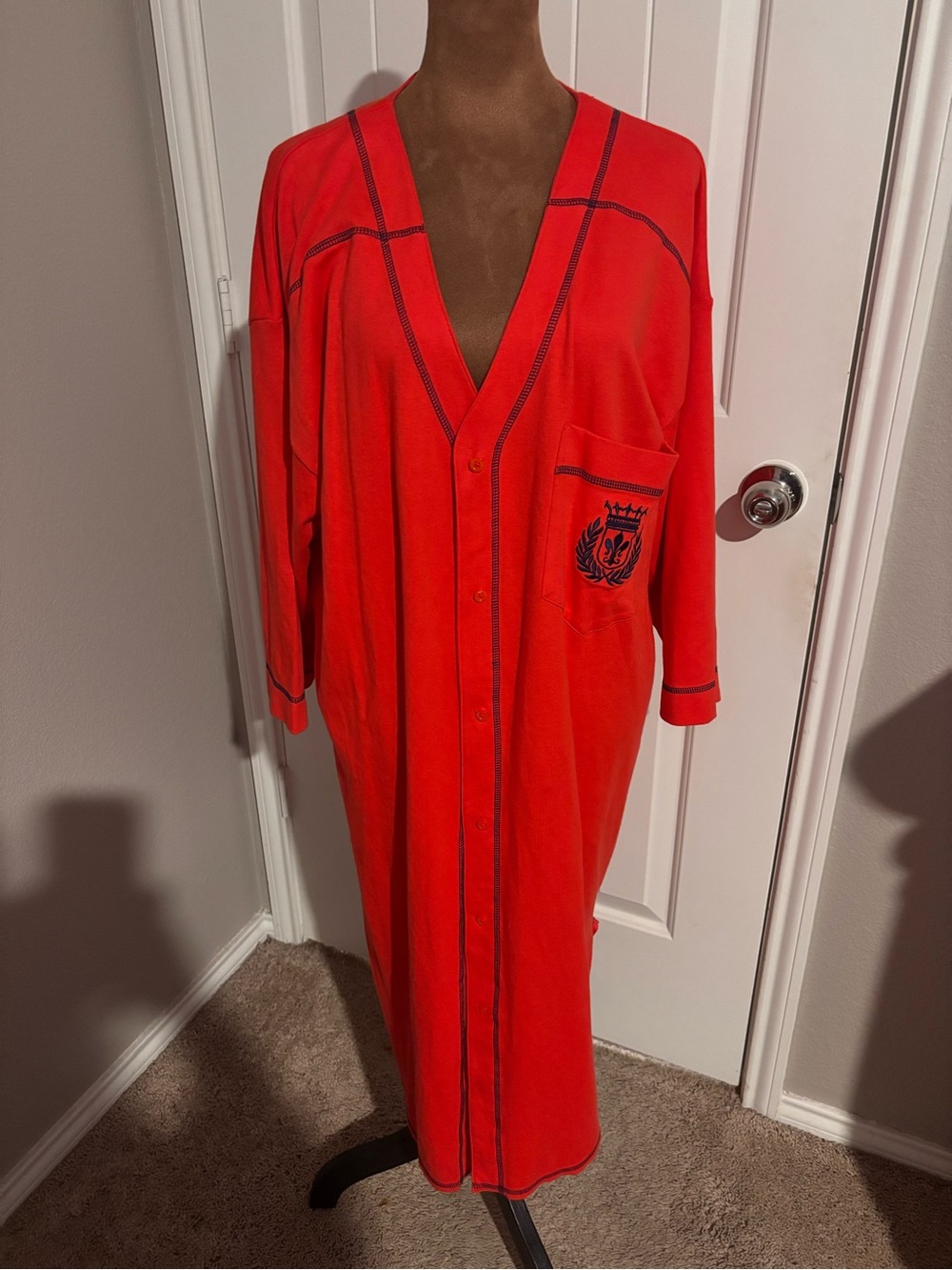 Vintage Sarah Spencer Red Button-Up Robe with Navy Stitching